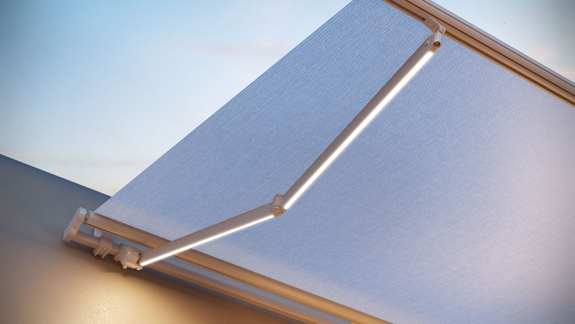 Close up of an LED strip integrated into an awning arm