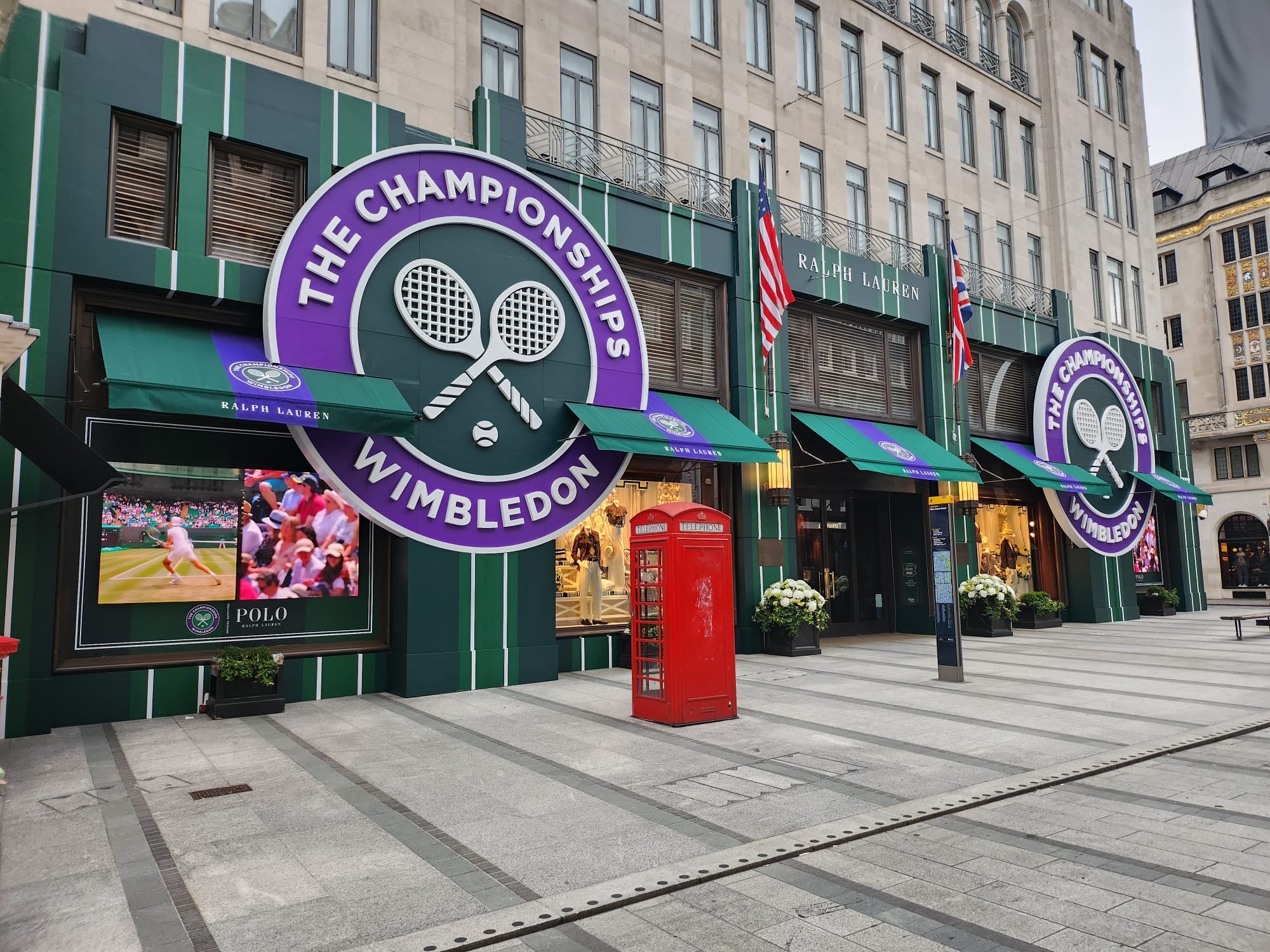Ralph Lauren Wimbledon takeover with green and purple striped awnings signed with The Championships branding