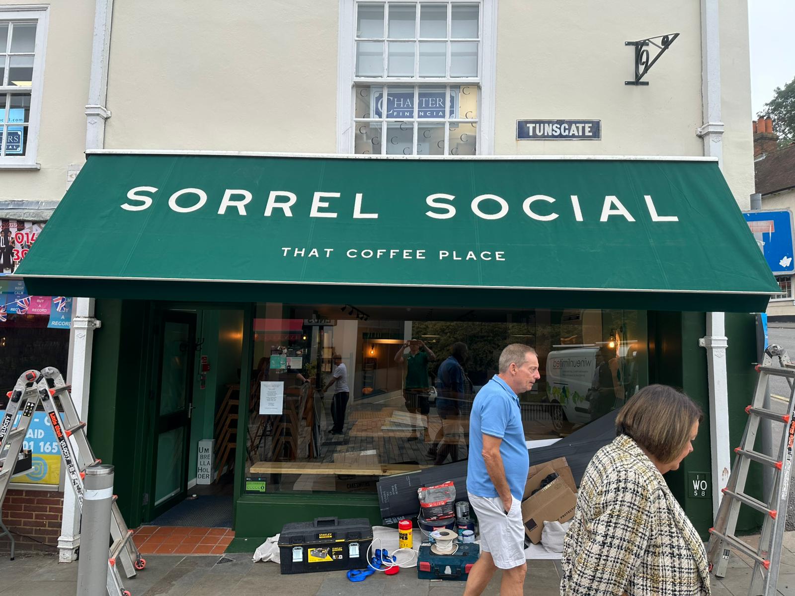 Sorrel Social forest green traditional awning with branded valance, Tunsgate, Guildford