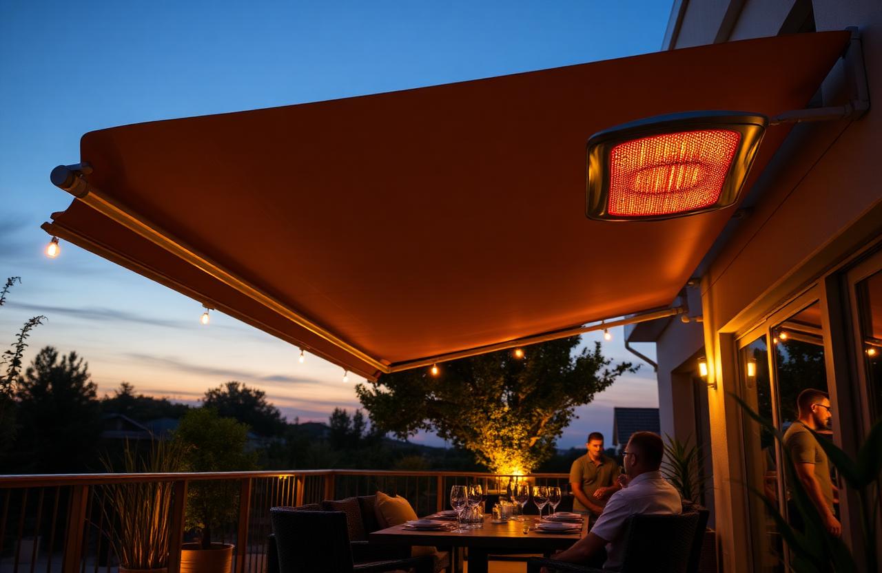 Evening terrace with warm ambient lighting under an awning