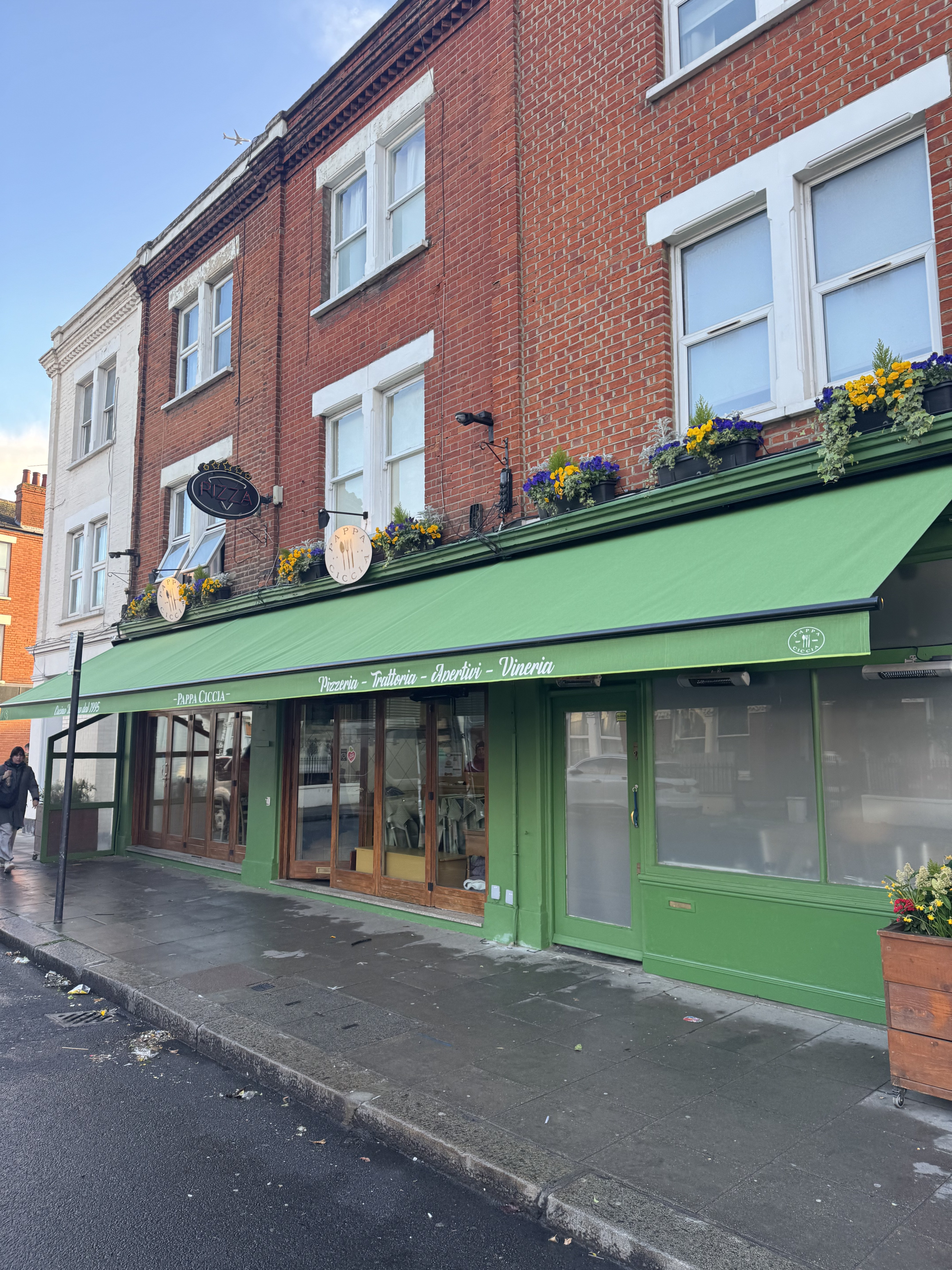 Extended green Arezzo awning with custom Pappa Ciccia valance, Munster Road Fulham