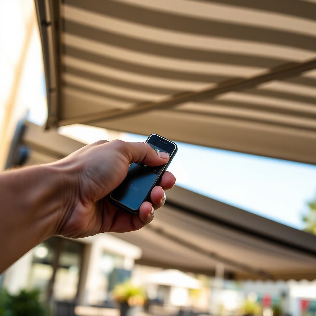 Hand using a remote to extend a motorised awning over a café terrace