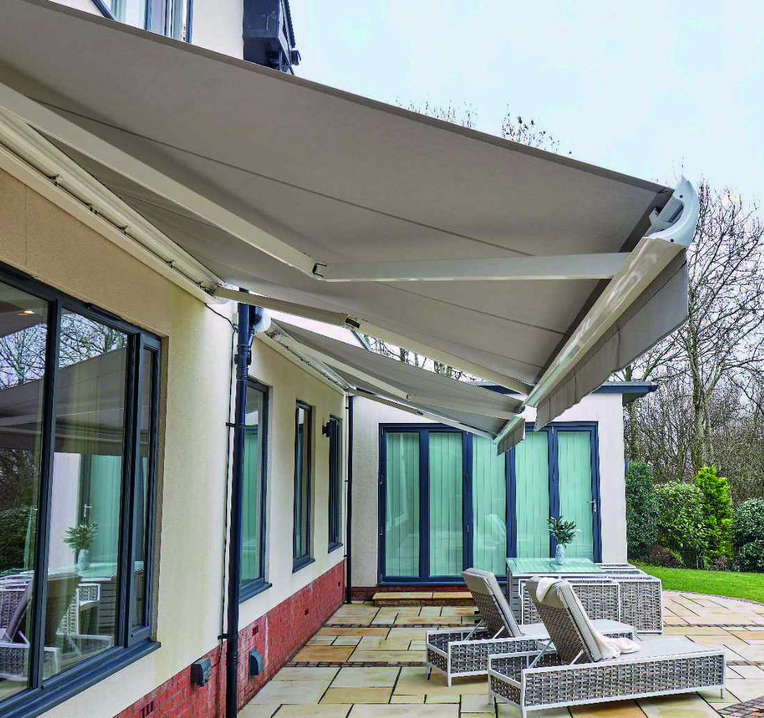 Close-up of a fully-cassetted Aura awning on a modern home